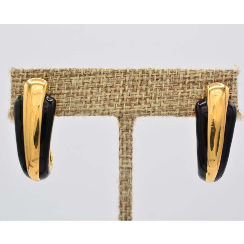 Napier Vintage Clip On Earrings Black Enamel Gold Curled Hoop Signed 1980s BinAY